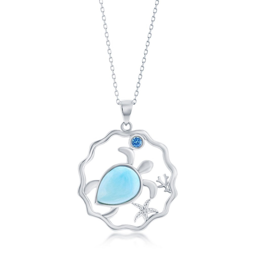 Sterling Silver, Larimar Turtle & Small Blue CZ Necklace