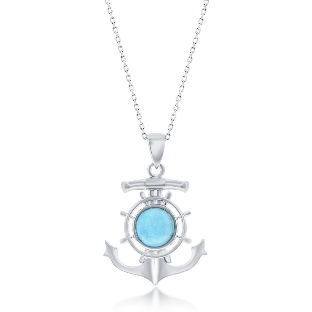 Sterling Silver, Round Larimar Anchor Ship Wheel Pendant