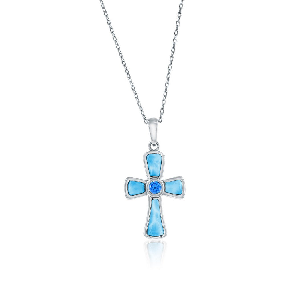 Sterling Silver, Larimar Cross w/Blue CZ Necklace