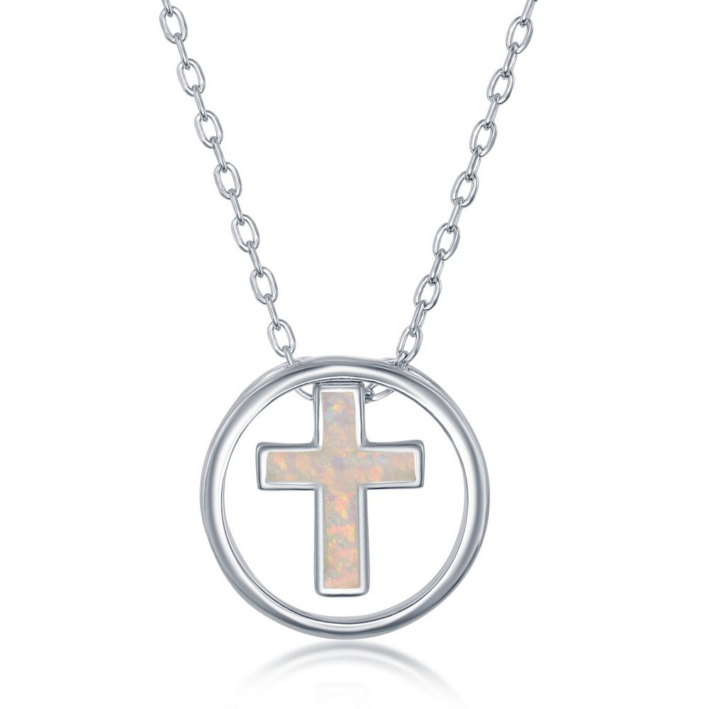 Sterling Silver, WhIte Inlay Opal Cross Disc Necklace