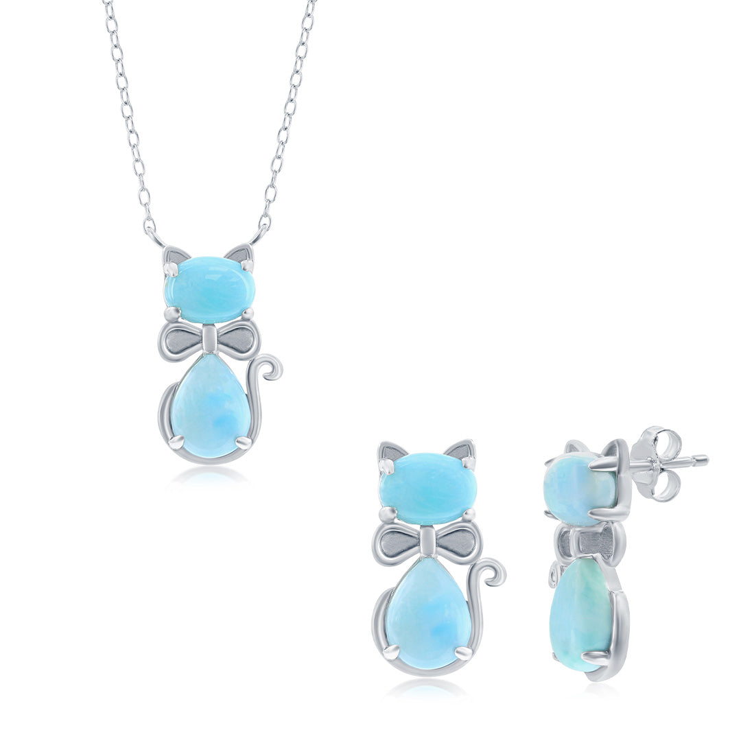 Sterling Silver Larimar Cat Necklace and Earrings Set