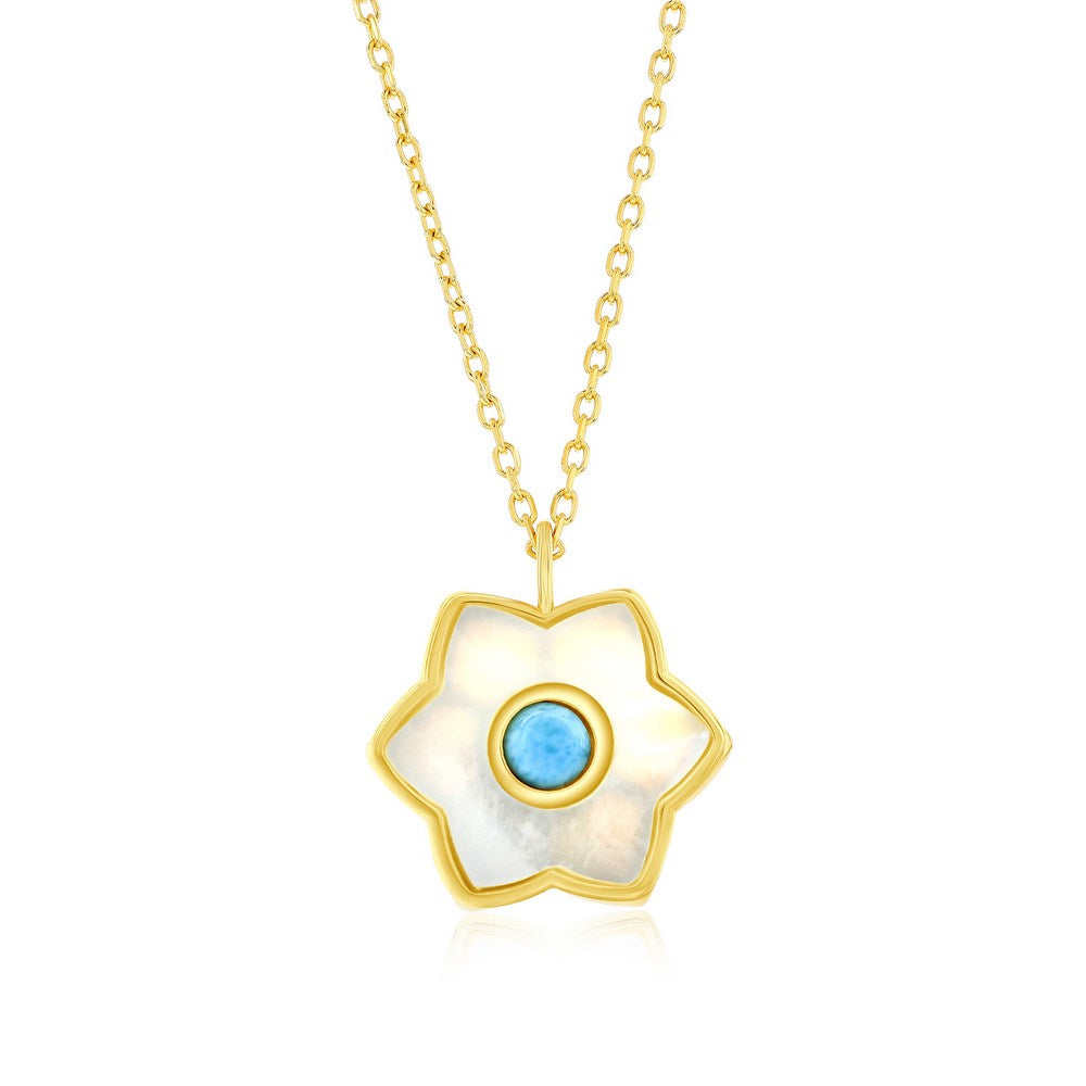 Sterling Silver, Larimar & MOP Flower Necklace - Gold Plated