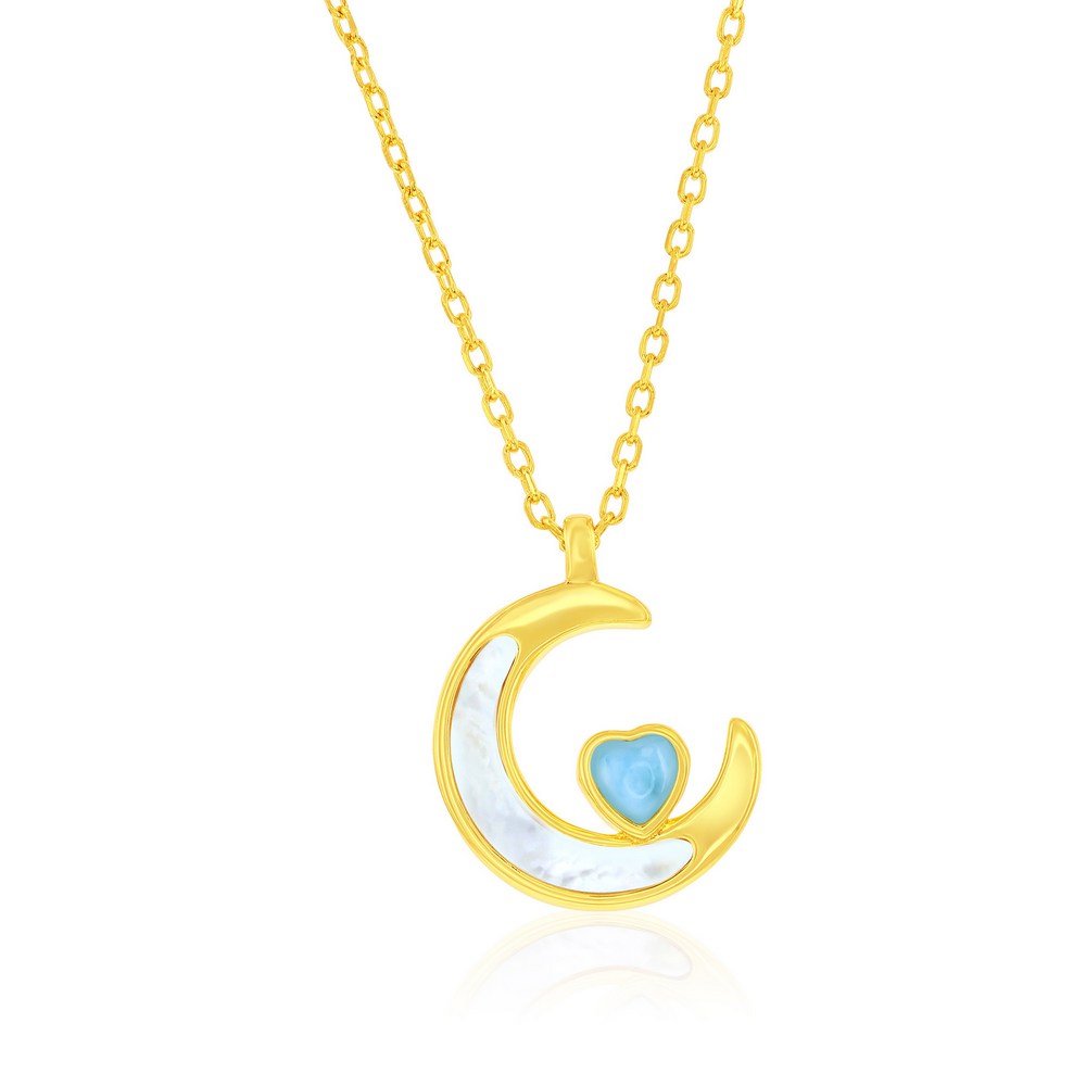 Sterling Silver, MOP Crescent Moon & Larimar Heart Necklace - Gold Plated