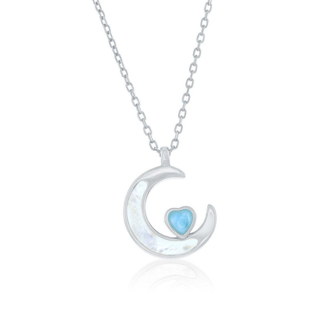 Sterling Silver, MOP Crescent Moon & Larimar Heart Necklace