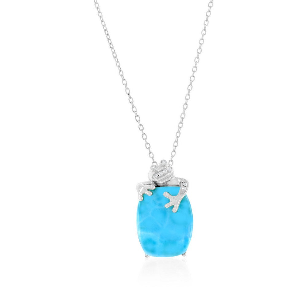 Sterling Silver, Oval Larimar & CZ Frog Necklace