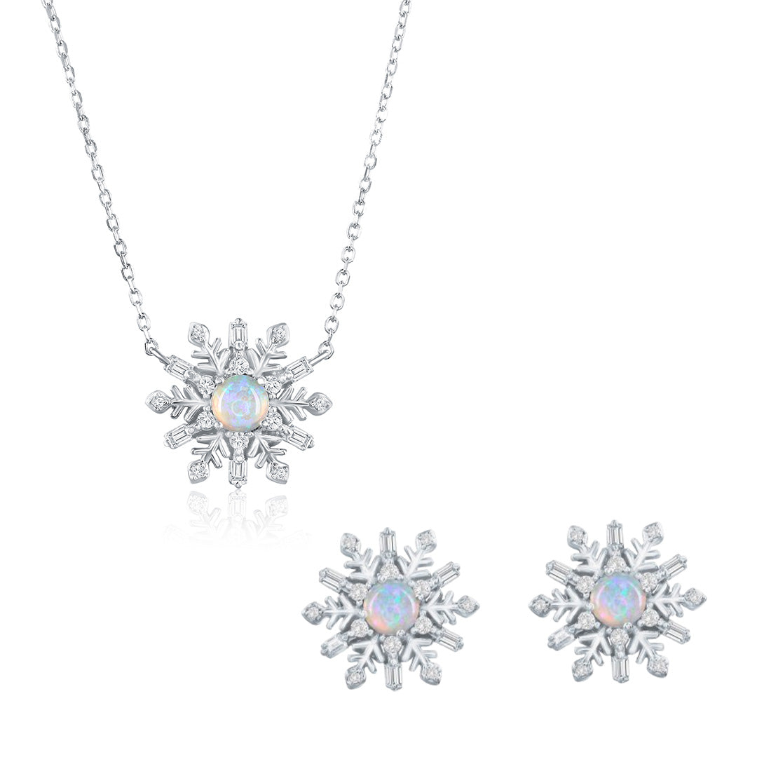 Sterling Silver White Opal & CZ Snowflake Necklace & Earrings Set