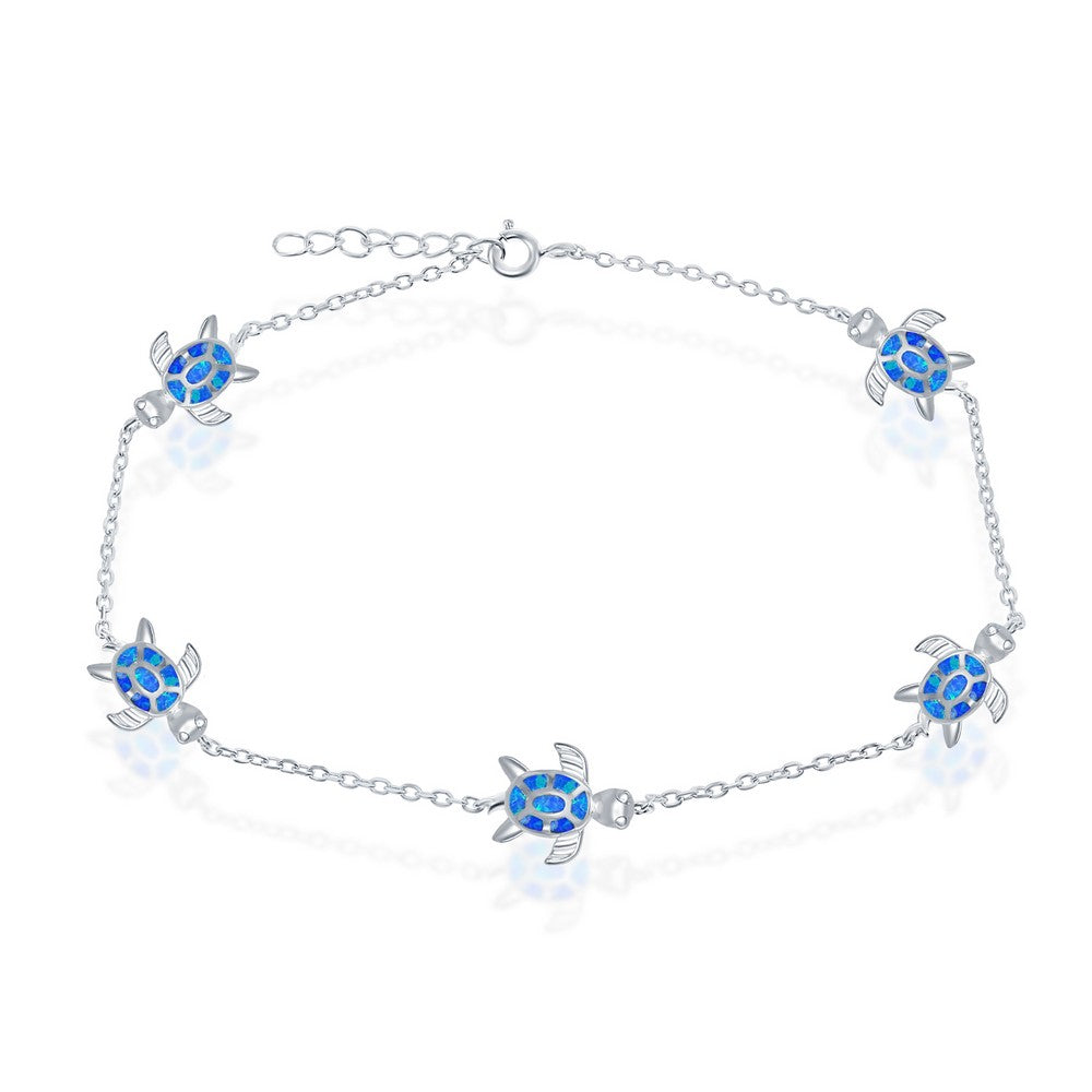 Sterling Silver, Opal Turtle Anklet - Blue Inlay