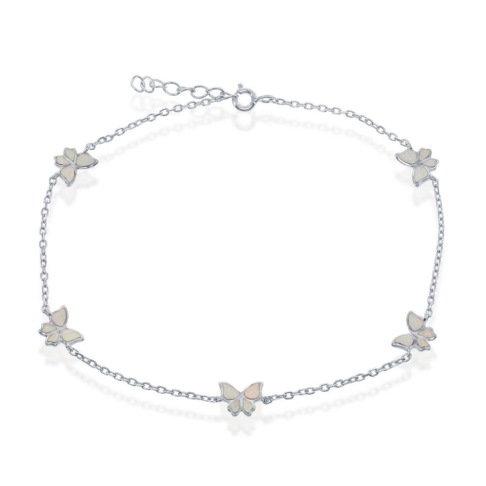 Sterling Silver, Butterfly Anklet - White Opal