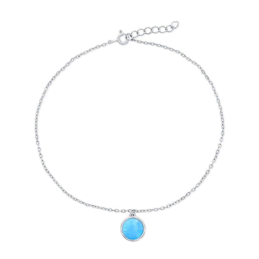 Sterling Silver, Larimar Round Charm Anklet