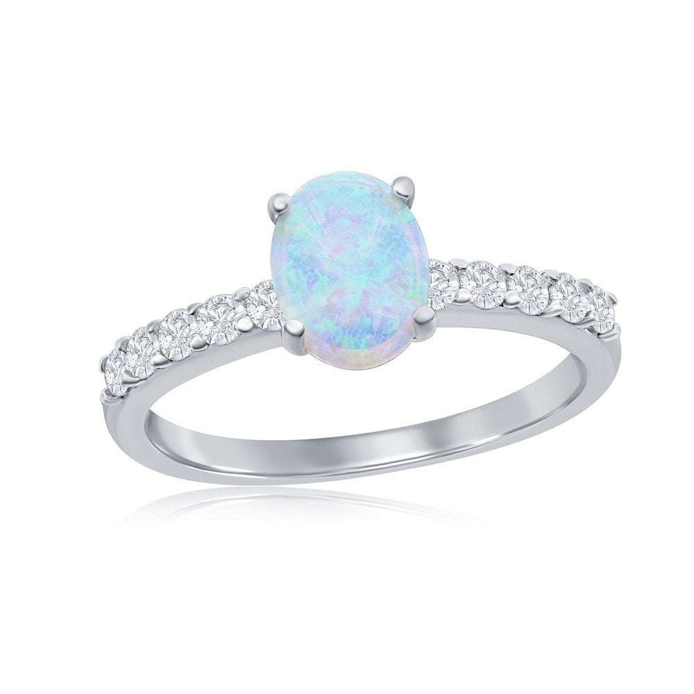 Sterling Silver, Oval Opal and CZ Ring