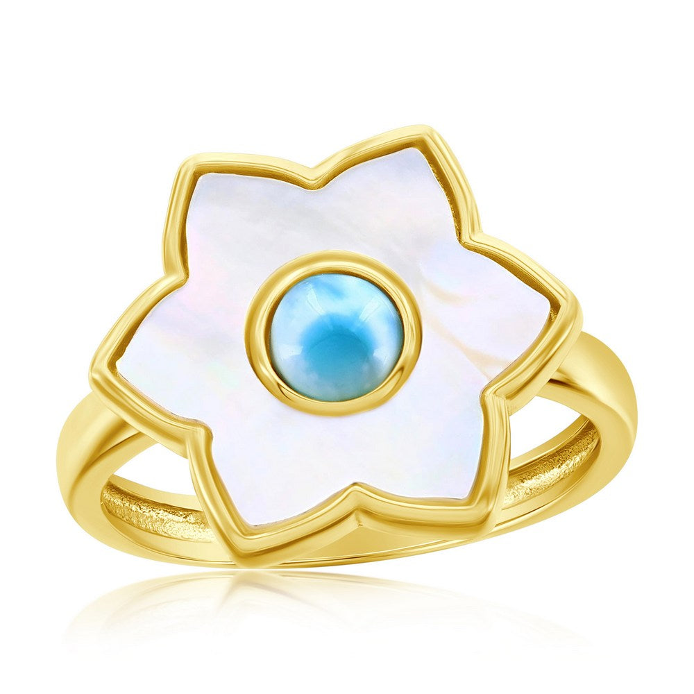 Sterling Silver Larimar & Mother of Pearl Flower Ring - Gold Plated