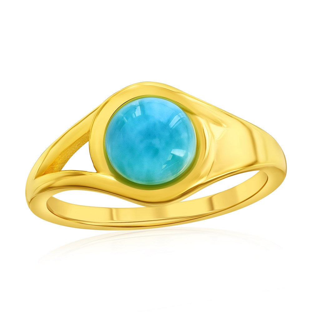 Sterling Silver, Round Larimar Ring - Gold Plated