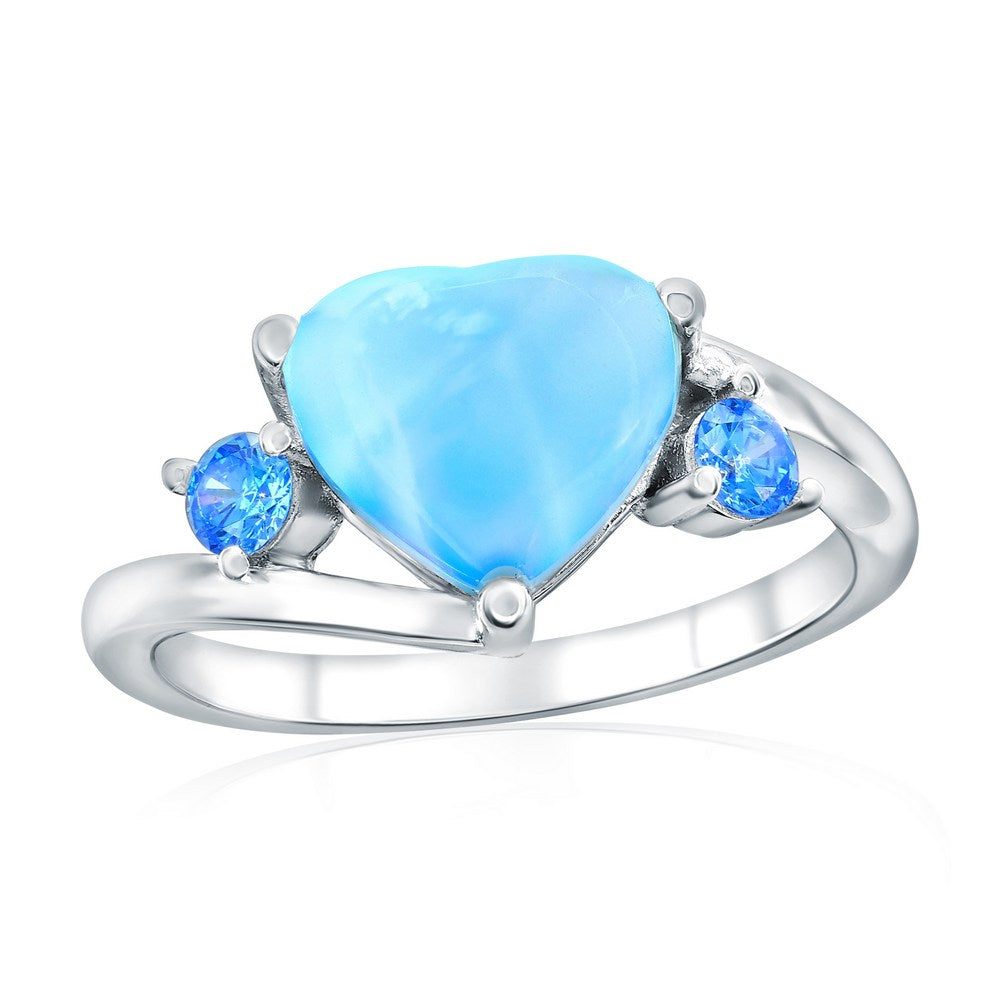 Sterling Silver, Larimar Heart & Blue CZ Ring