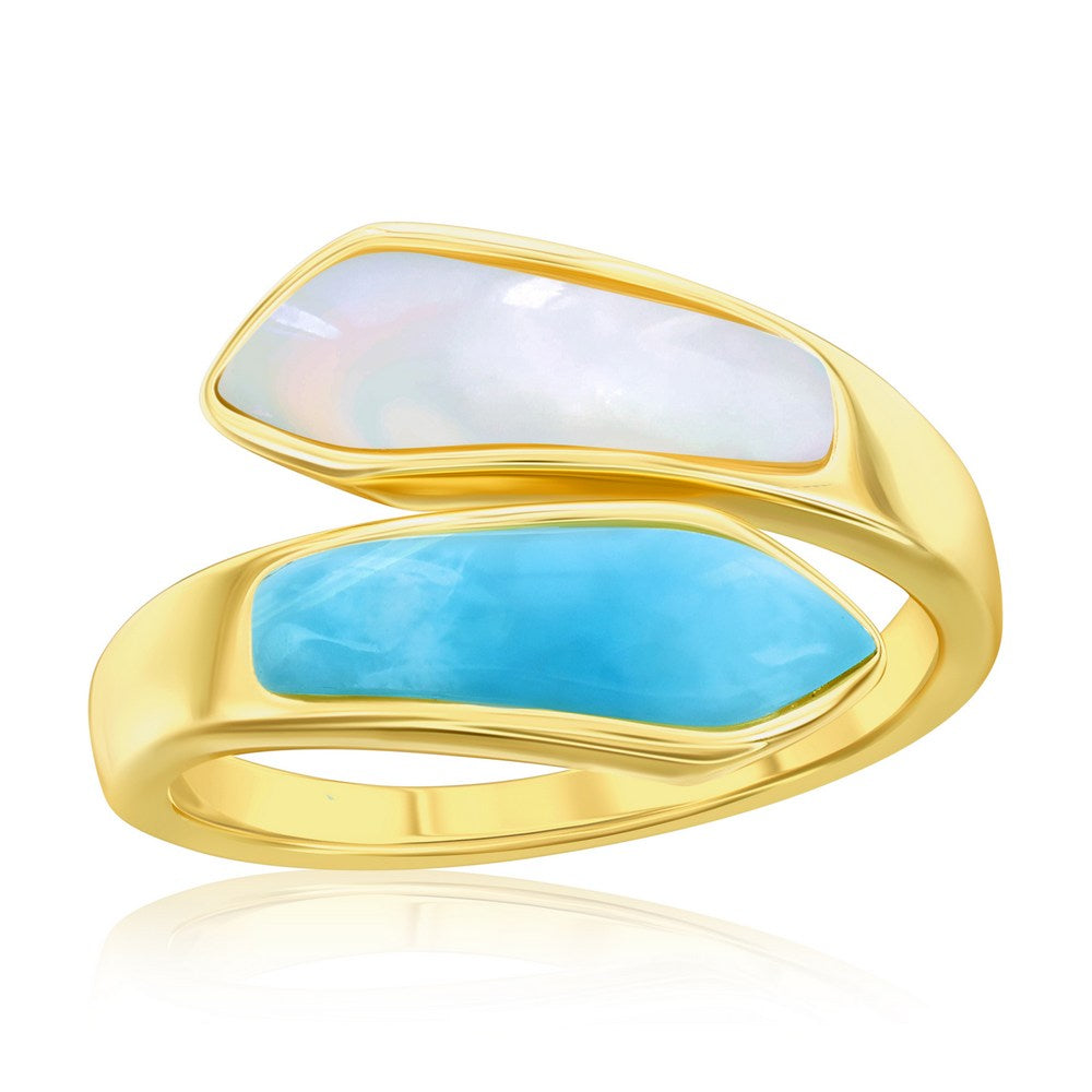 Steling Silver, MOP & Larimar Bypass Ring - Gold Plated