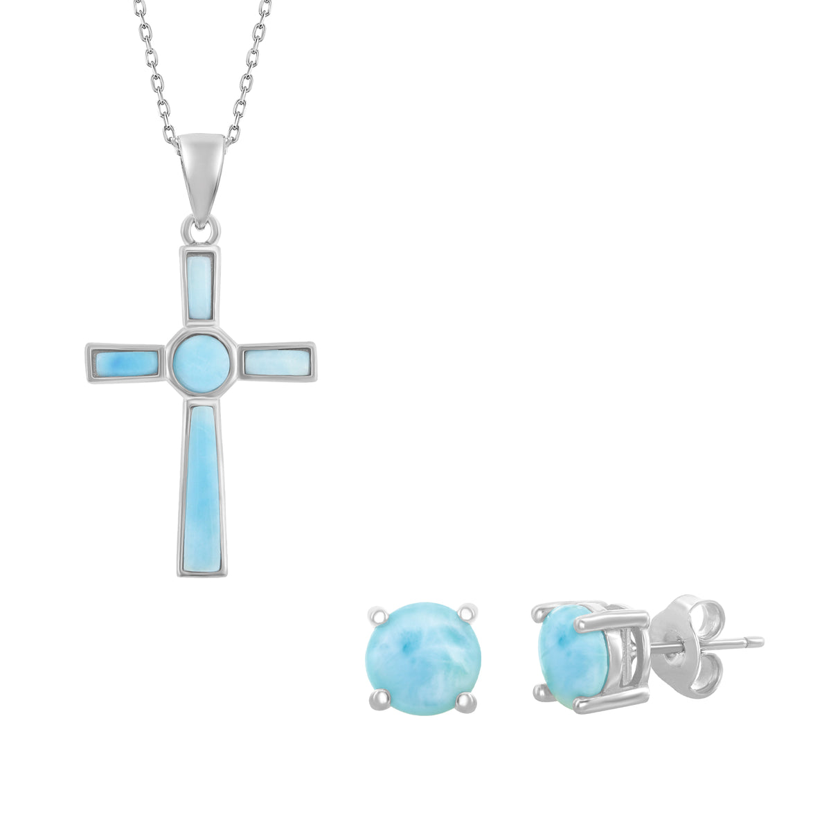 Sterling Silver Larimar Cross Necklace & Stud Earring Set